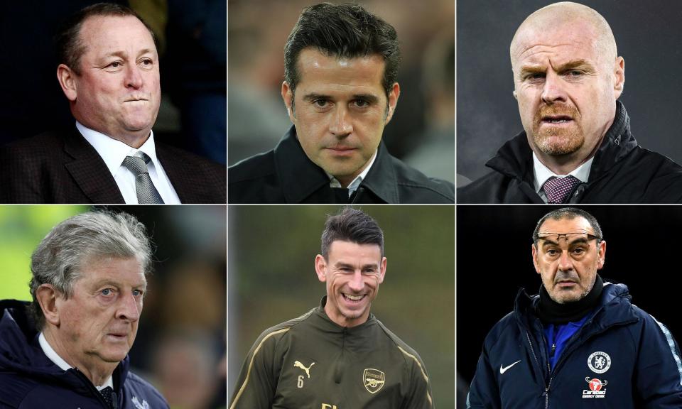 Clockwise from top left: Newcastle owner Mike Ashley, Everton manager Marco Silva, Burnley manager Sean Dyche, Chelsea manager Maurizio Sarri, Arsenal centre-back Laurent Koscielny and Crystal Palace manager Roy Hodgson.