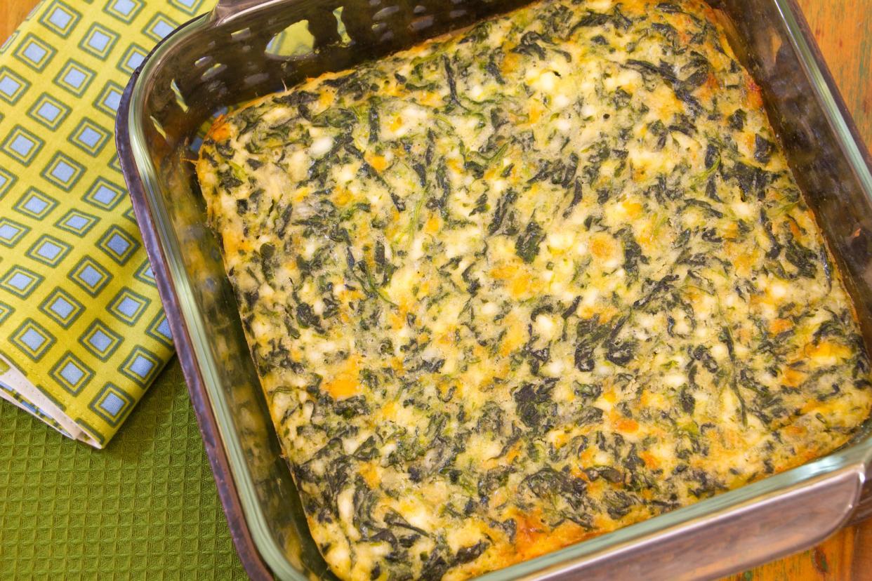 A quiche-like casserole made with eggs, spinach, cheddar and cottage cheese