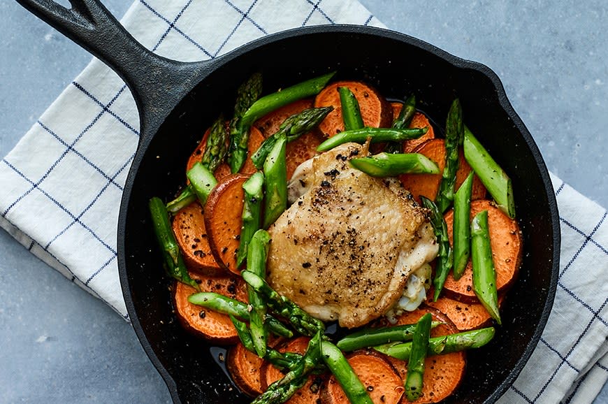 Skillet Chicken Thighs With Sweet Potato and Asparagus from SELFstarter
