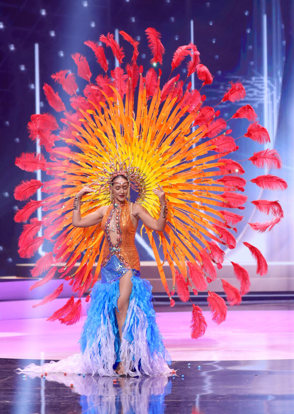 <p>Miss Cayman Islands Mariah Tibbetts appears onstage at the Miss Universe 2021 - National Costume Show at Seminole Hard Rock Hotel & Casino on May 13, 2021 in Hollywood, Florida. (Photo by Rodrigo Varela/Getty Images)</p> 