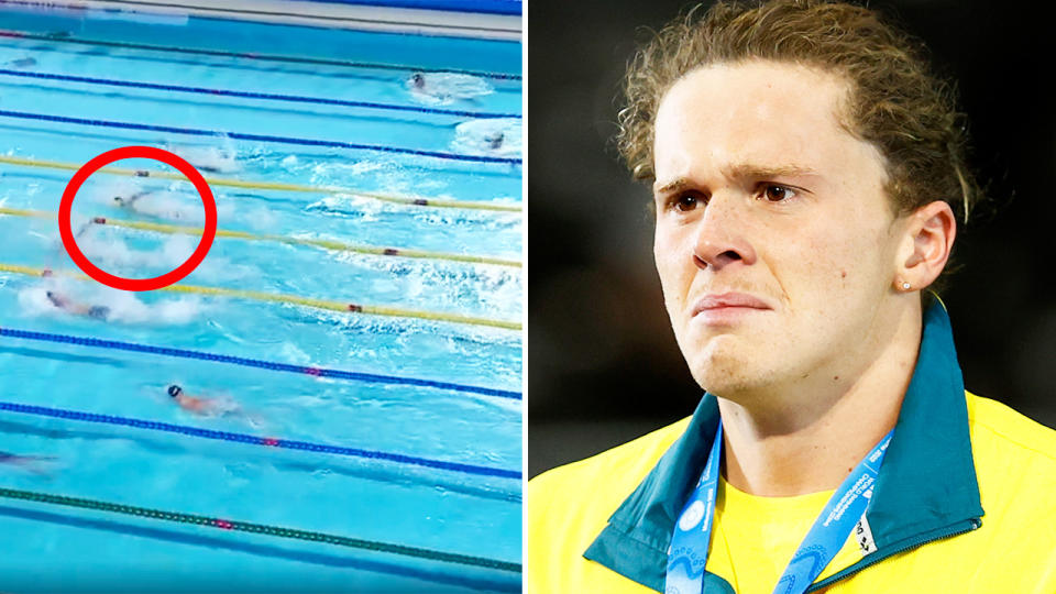 Isaac Cooper, pictured here after he kept swimming and thought he'd won gold in the 50m backstroke.