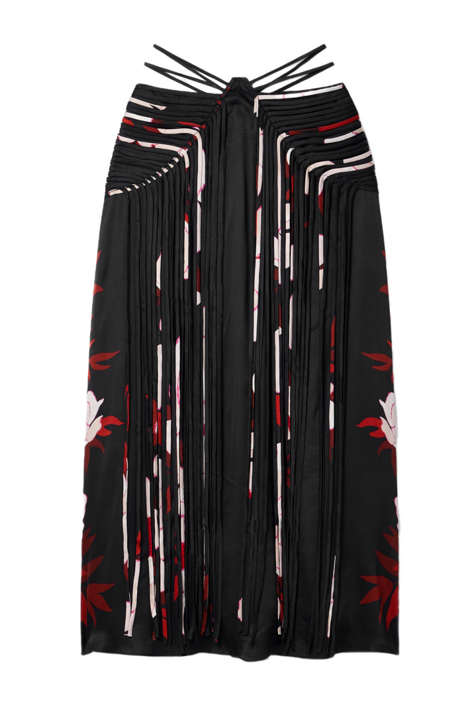 Farm Rio Fringed Floral-Print Satin Midi Skirt