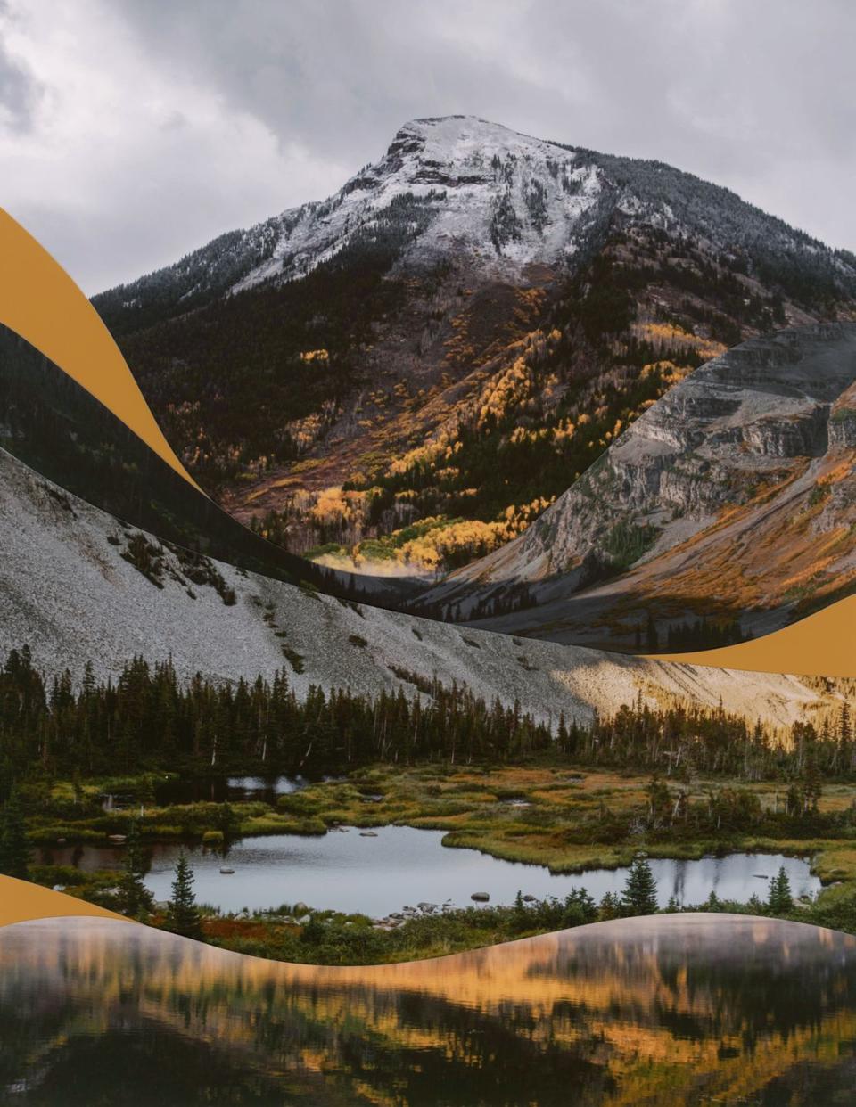 collage landscape of mountains and a pond