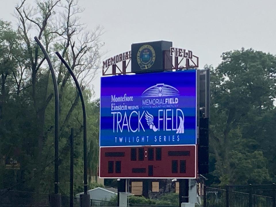 The scoreboard at Memorial Field in Mount Vernon on July 18, 2023 promoting the upcoming Mount Vernon Track & Field Twilight Series, four nights of competitive events for all ages