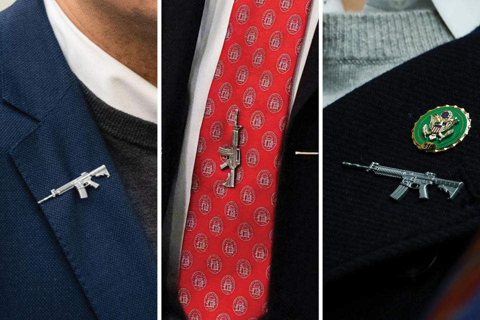 Republicans have been seen wearing AR-15 pins to show their support for the Second Amendment.<span class="copyright">L: Kent Nishimura—Los Angeles Times/Getty Images; C: Alex Brandon—AP; R: Anna Moneymaker—Getty Images</span>