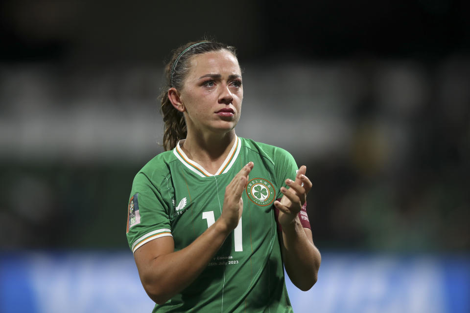 Ireland's Katie McCabe applauds the crowd after the Women's World Cup Group B soccer match between Canada and Ireland in Perth, Australia, Wednesday, July 26, 2023. Canada won the match 2-1. (AP Photo/Gary Day)