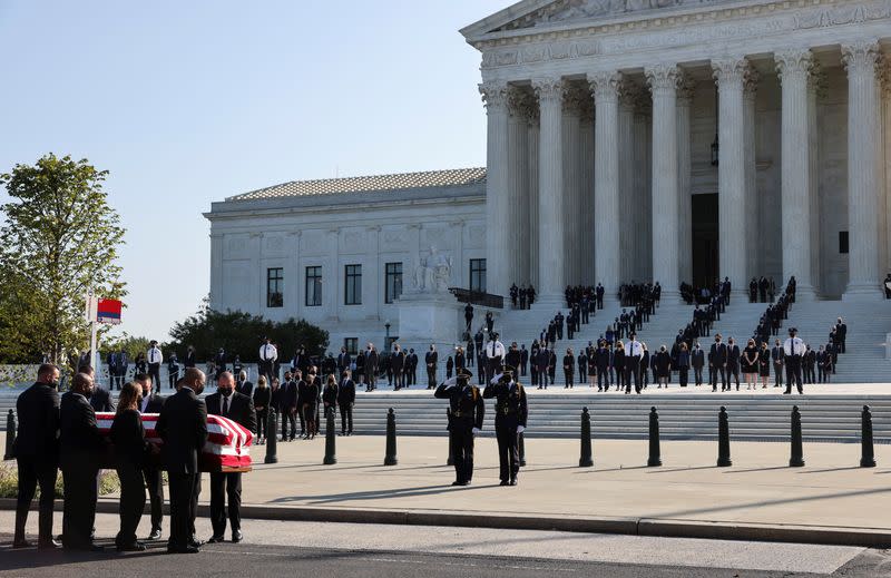 Casket of the late Supreme Court Justice Ruth Bader Ginsburg arrives at the U.S. Supreme Court in Washington