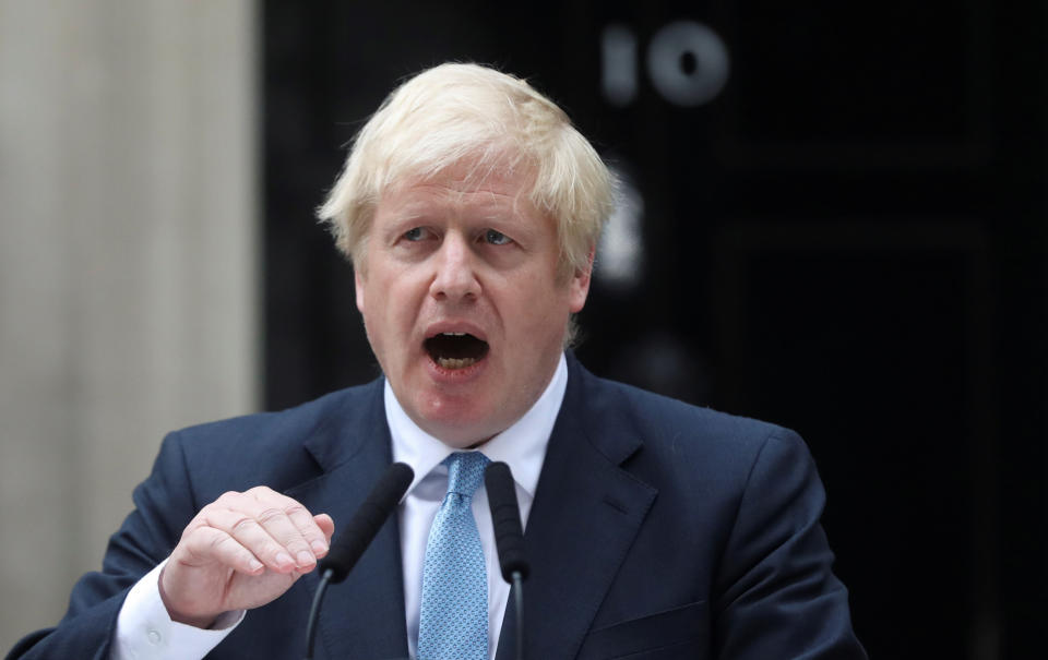 Britain's Prime Minister Boris Johnson addresses the media outside Downing Street in London, Britain, September 2, 2019. REUTERS/Simon Dawson