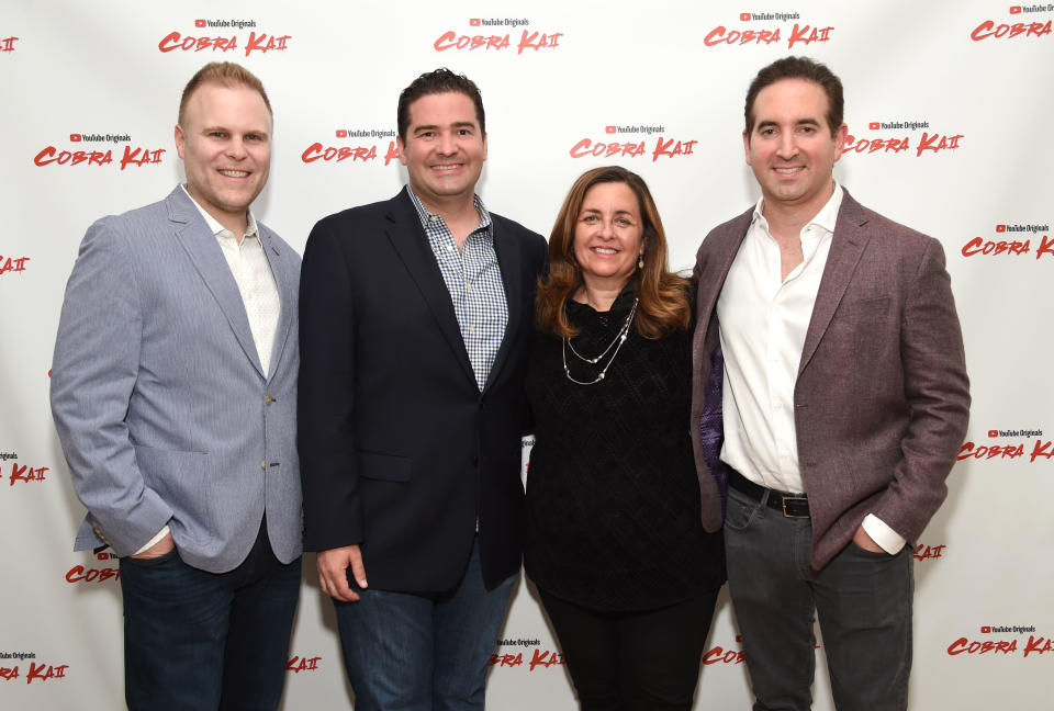 Susanne Daniels with ‘Cobra Kai’ creators/showrunners Josh Heald, Jon Hurwitz and Hayden Schlossberg