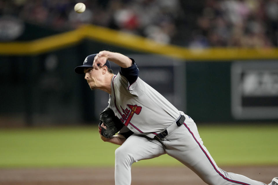 Atlanta Braves pitcher Max Fried throws against the Arizona Diamondbacks during the second inning of a baseball game, Thursday, July 11, 2024, in Phoenix. (AP Photo/Matt York)