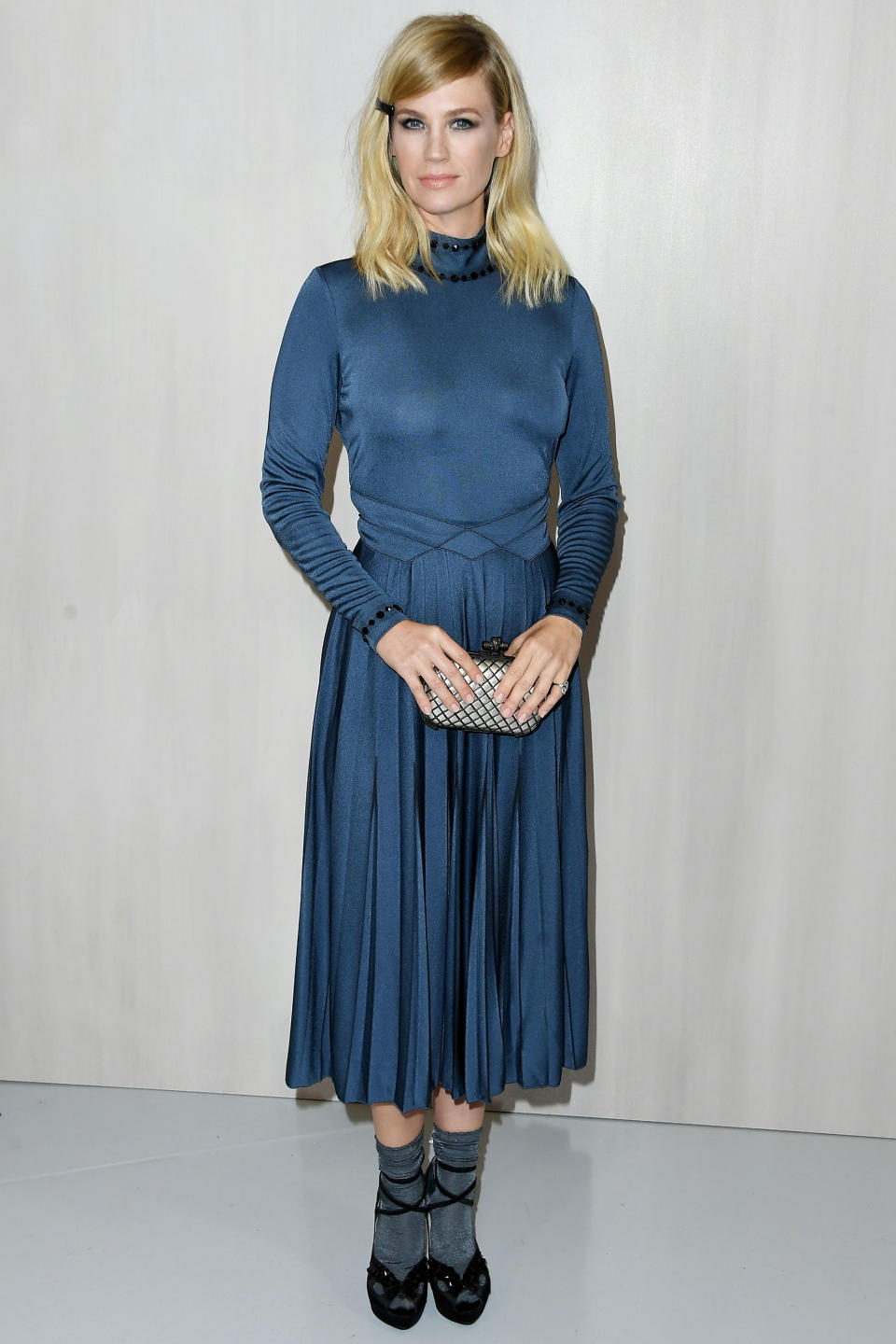 <p><strong>14 October</strong> January Jones opted for a midi-length navy Bottega Veneta dress which she wore with gunmetal socks, chunky black heels and smokey eye make-up. </p>