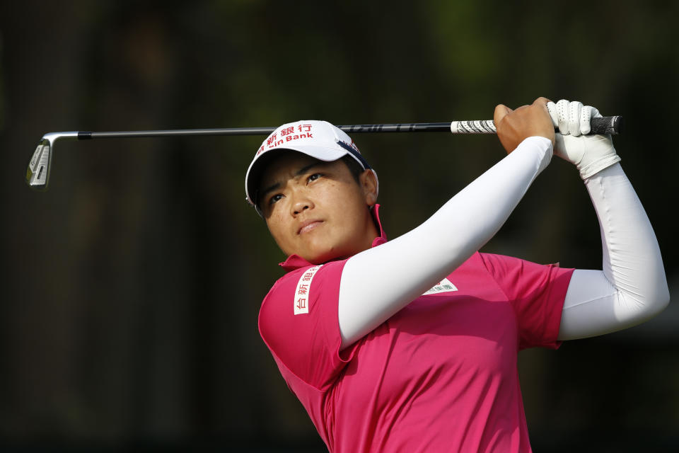 Pei-Yun Chien of Taiwan, watches her shot on the third tee during the second round of the U.S. Women's Open golf tournament, Friday, May 31, 2019, in Charleston, S.C. (AP Photo/Mic Smith)