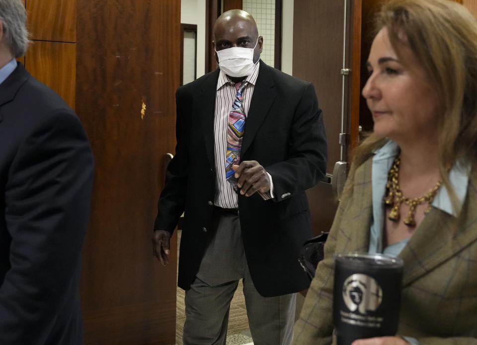 Retired Houston Police Department officer Gerald Goines leaves the court after the Judge Veronica M. Nelson of 482nd District Court quashed two felony murder indictments against him, Tuesday, March 26, 2024 at Harris County Criminal Courts at Law in Houston. (Yi-Chin Lee/Houston Chronicle via AP)