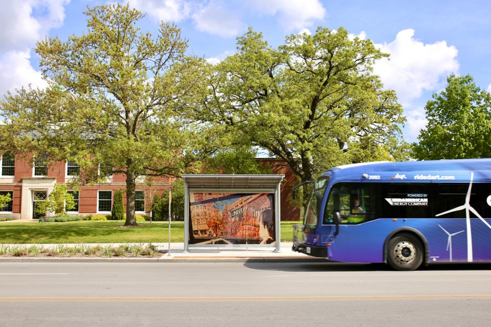 One of the DART art shelters is located on the Campus of Drake University at 27th Street.