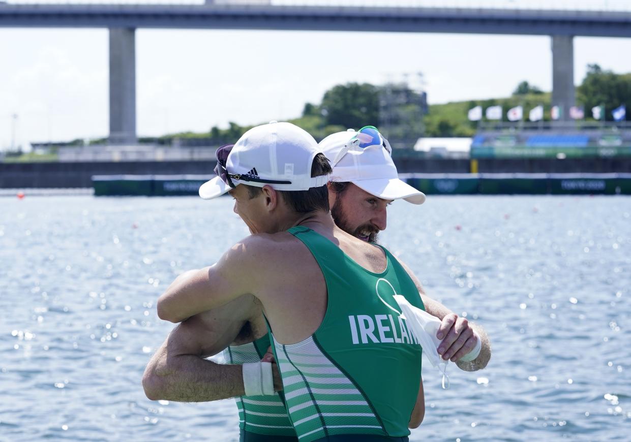 Ireland’s Paul O’Donovan and Fintan McCarthy celebrate victory in the lightweight double sculls at Tokyo 2020 (Danny Lawson/PA) (PA Wire)