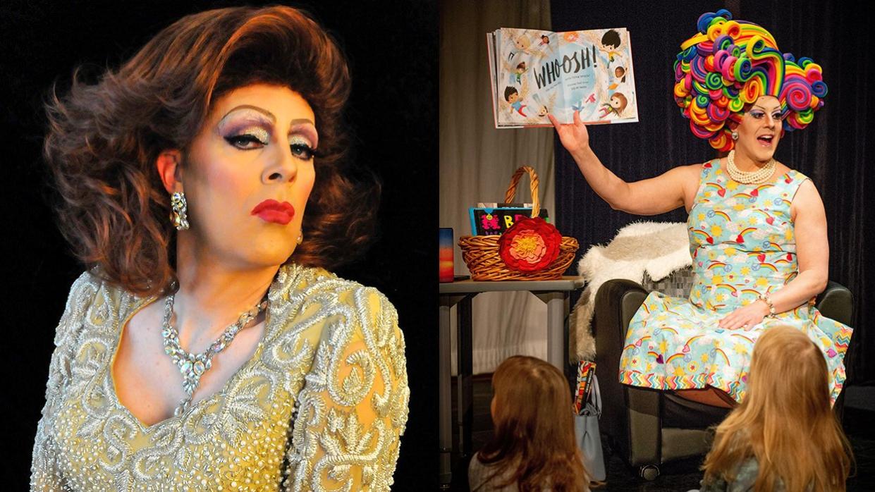 Shirley Delta Blow, a Colorado drag queen reading to children in a colorful swirly foam wig