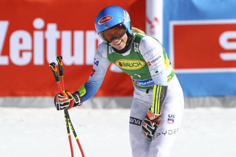 United States' Mikaela Shiffrin smiles at the finish line during an alpine ski, women's World Cup giant slalom, in Soelden, Austria, Saturday, Oct. 23, 2021. (AP Photo/Marco Trovati)