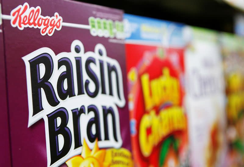 FILE PHOTO: File photo of Kellogg's cereal boxes stacked in a supermarket in New York