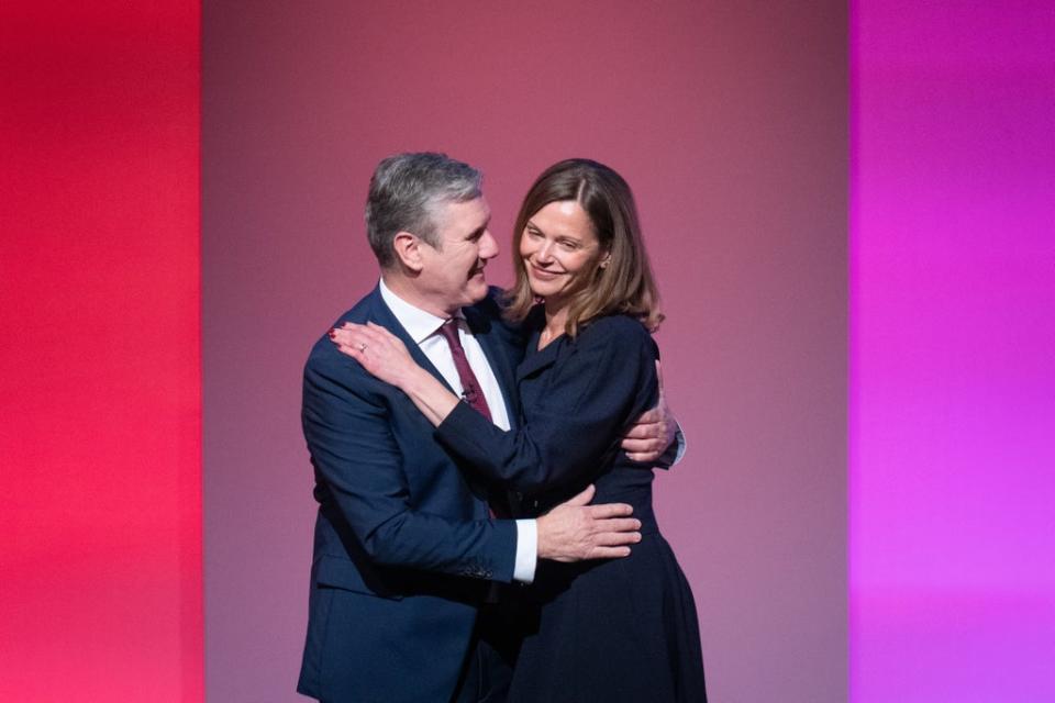 Labour leader, Sir Keir Starmer is joined by his wife Victoria on stage after delivering his keynote speech to the Labour Party conference (Stefan Rousseau/PA) (PA Wire)