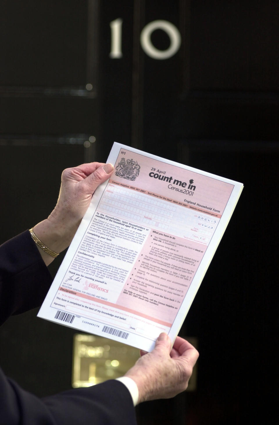 Census Enumerator Rita Bolton holds a 2001 census form in front of the door to 10 Downing Street where she was delivering the form to be filled in by Prime Minister Tony Blair and family.   30/09/02 : National Statistician Len Cook surveying the scene at the South London Mail Centre, as a mountain of returned Census forms await processing. According to figures released by the Office for National Statistics The population of the United Kingdom was 58,789,194 on April 29, the day of Census 2001.  The figure was about one million smaller than estimates had shown in mid-2000, and country by country the figures were: England 49,138,831 (83.6% of total population); Scotland 5,062,011 (8.6%); Wales 2,903,085 (4.9%); Northern Ireland 1,685,267 (2.9%).   (Photo by Matthew Fearn - PA Images/PA Images via Getty Images)