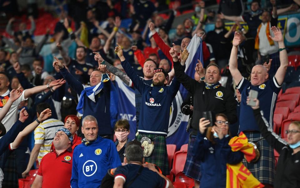 Fans of Scotland wearing kilts show their support after the UEFA Euro 2020 Championship Group D match between England and Scotland at Wembley Stadium on June 18, 2021 in London, England - Getty Images Europe 