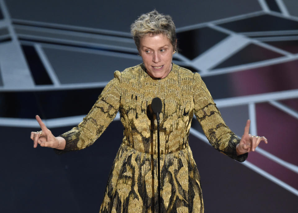 Frances McDormand accepts the award for Best Actress at the Oscars. (Photo by Chris Pizzello/Invision/AP)