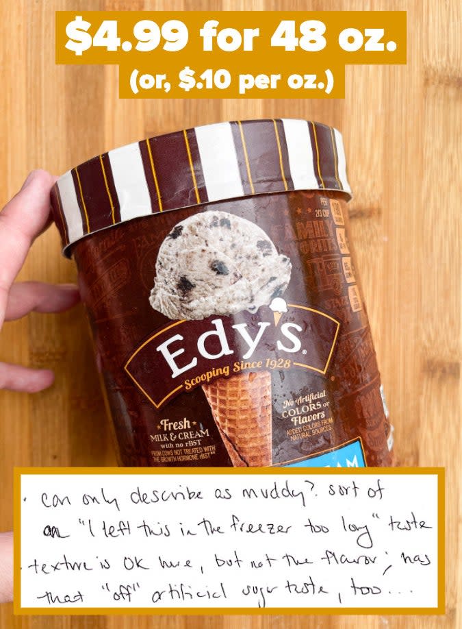 A pine of Edy's ice cream with notes that read, "texture is okay here, but not the flavor"