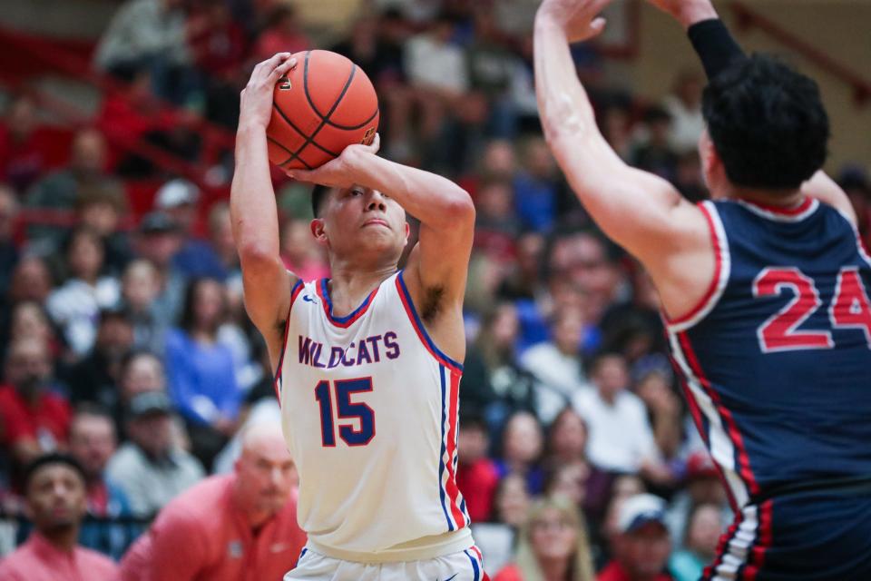 Gregory-Portland's Russell Escamilla shoots during the District 29-5A championship on Tuesday, Feb. 13, 2024, in Corpus Christi, Texas.