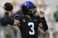 BYU quarterback Jaren Hall (3) throws against Notre Dame during the first half of an NCAA college football game Saturday, Oct. 8, 2022, in Las Vegas. (AP Photo/John Locher)