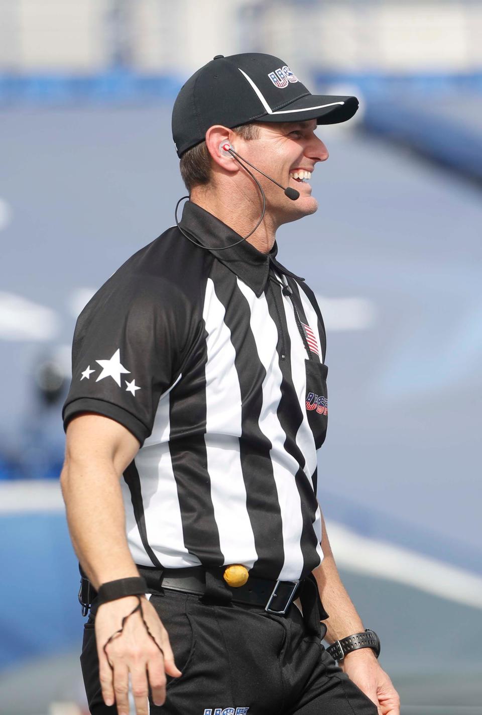 Referee Martin Hankins laughs during a timeout during a game between the Memphis Showboats and the Philadelphia Stars at the Simmons Liberty Bank Stadium in Memphis.