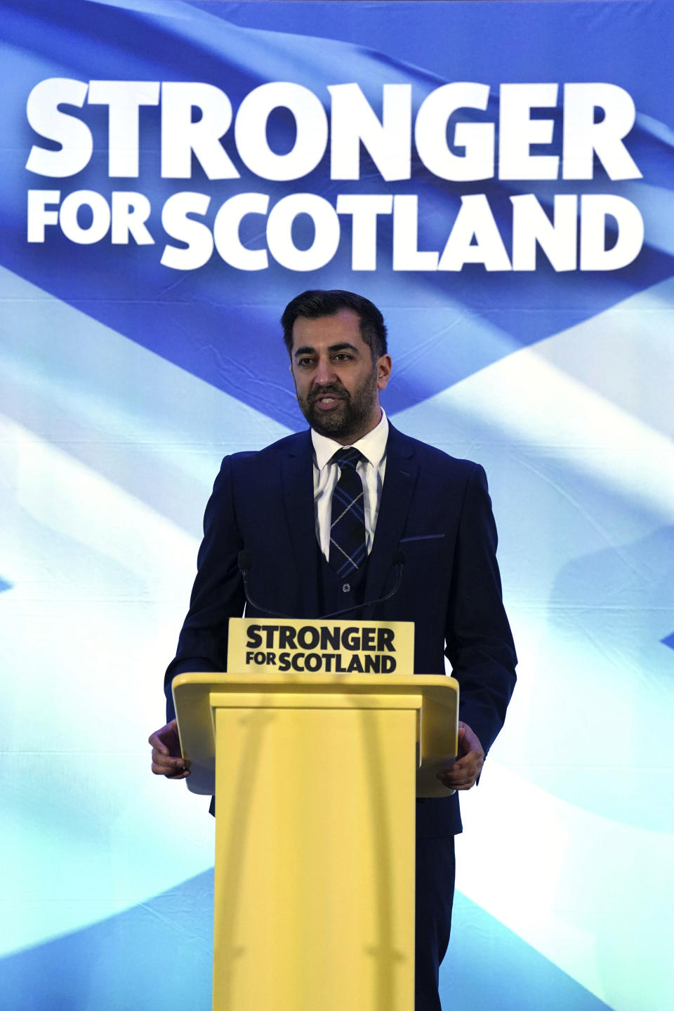 Newly elected Scottish National Party leader Humza Yousaf speaks after being announced new SNP leader, at Murrayfield Stadium, in Edinburgh, Scotland, Monday, March 27, 2023. Scotland’s governing Scottish National Party elected Yousaf as its new leader on Monday after a bruising five-week contest that exposed deep fractures within the pro-independence movement. The 37-year-old son of South Asian immigrants is set to become the first person of color to serve as Scotland’s first minister. (Andrew Milligan/PA via AP)