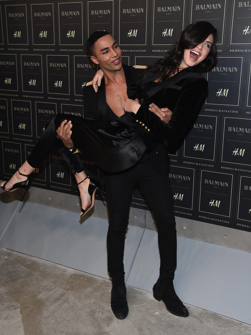 NEW YORK, NY - OCTOBER 20:  Creative Director for Balmain Olivier Rousteing (L) and Model Kendall Jenner attend the BALMAIN X H&M Collection Launch at 23 Wall Street on October 20, 2015 in New York City.  (Photo by Dimitrios Kambouris/Getty Images for H&M)