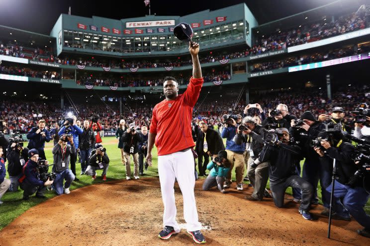 David Ortiz waves goodbye to the fans at Fenway Park. (Getty Images/Maddie Meyer)