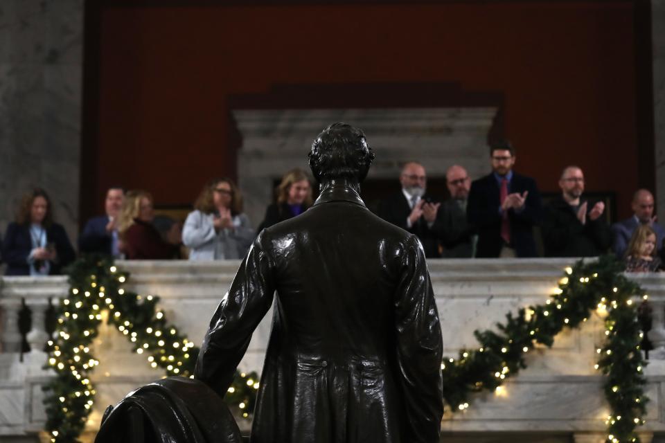 Under the figure of Abraham Lincoln was the Swearing-In Ceremony of the Constitutional Officers at the Kentucky Capitol.
Jan. 2, 2024