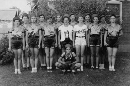 Dot Wilkinson, center bottom, in her early catching days during the 1930s with the Phoenix Ramblers softball team.