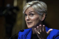 Former Gov. Jennifer Granholm, D-Mich., testifies before the Senate Energy and Natural Resources Committee during a hearing to examine her nomination to be Secretary of Energy, Wednesday, Jan. 27, 2021 on Capitol Hill in Washington. (Graeme Jennings/Pool via AP)