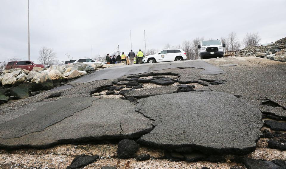 Damage to the boat ramp area at Rye Harbor is seen Friday, Feb. 2, 2024, following back-to-back storms in January.