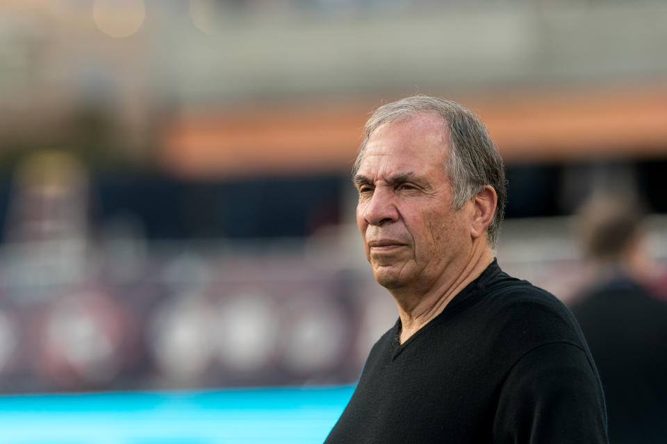 FOXBOROUGH, MA - JUNE 24: New England Revolution coach Bruce Arena before a game between Toronto FC and New England Revolution at Gillette Stadium on June 24, 2023 in Foxborough, Massachusetts. (Photo by Andrew Katsampes/ISI Photos/Getty Images).