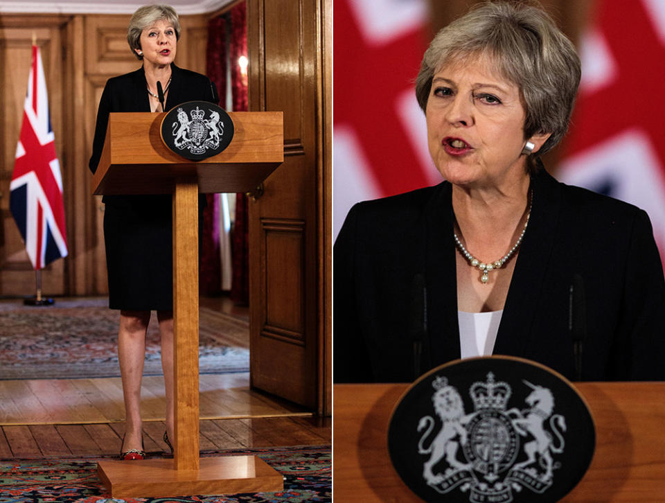  Talking tough: The PM gives her surprise Brexit address from Downing St on Friday afternoon. (PA)