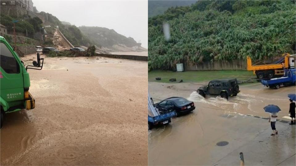 芹壁村土石坍方沖毀民宅，人車泡在黃泥水。