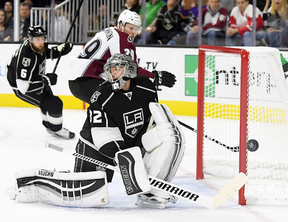 LAS VEGAS, NV - OCTOBER 08: Goaltender Jonathan Quick #32 of the Los Angeles Kings blocks a shot by Nathan MacKinnon #29 of the Colorado Avalanche during their preseason game at T-Mobile Arena on October 8, 2016 in Las Vegas, Nevada. Colorado won 2-1 in overtime. (Photo by Ethan Miller/Getty Images)
