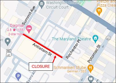 West Antietam Street will be closed to traffic from 7 a.m. to 4 p.m. through Friday, May 10, between Rochester Place and Summit Avenue. Contractors will be working at the Hub City Garage and the Dagmar Hotel.