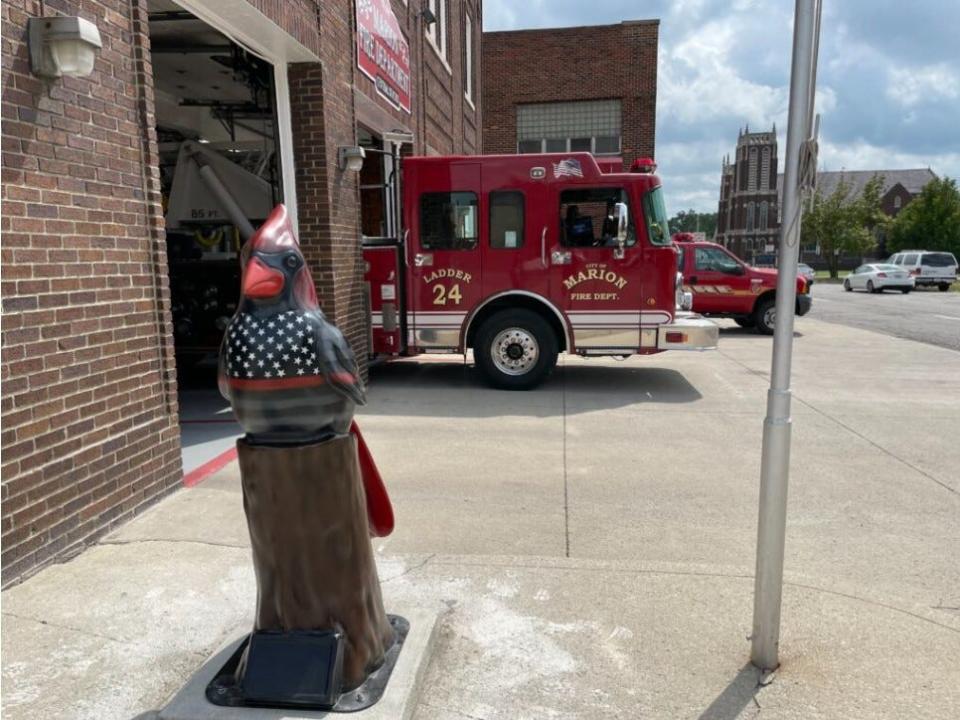 Artist Amanda Adkins designed this cardinal, called “Fire Bird,” which sits outside Marion City Fire Station #1 at 186 S. Prospect St.