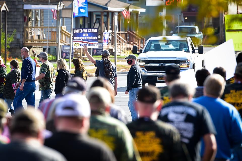 Former Remington Arms workers and members of United Mine Workers of America Local 717, seen here in an O-D file photo from Nov. 7, 2020, picketed after the Remington Outdoor Company laid off all 585 workers at the Ilion plant on Oct. 26. The company had filed for bankruptcy in July.