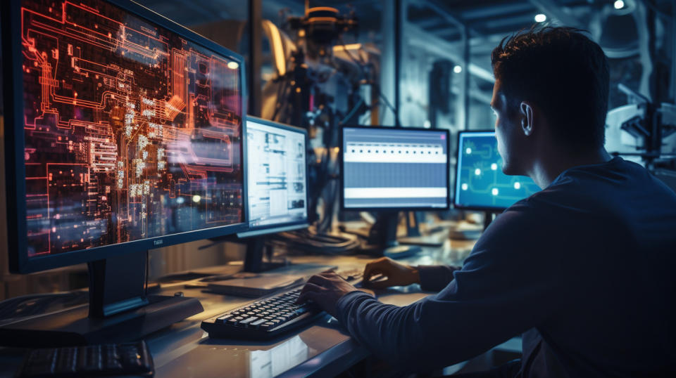 A student operating a computer numeric control machining program, surrounded by computer technology.