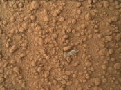 This image from the Mars Hand Lens Imager (MAHLI) camera on NASA's Mars rover Curiosity shows a small bright object on the ground beside the rover at the "Rocknest" site. The object is just below the center of this image.