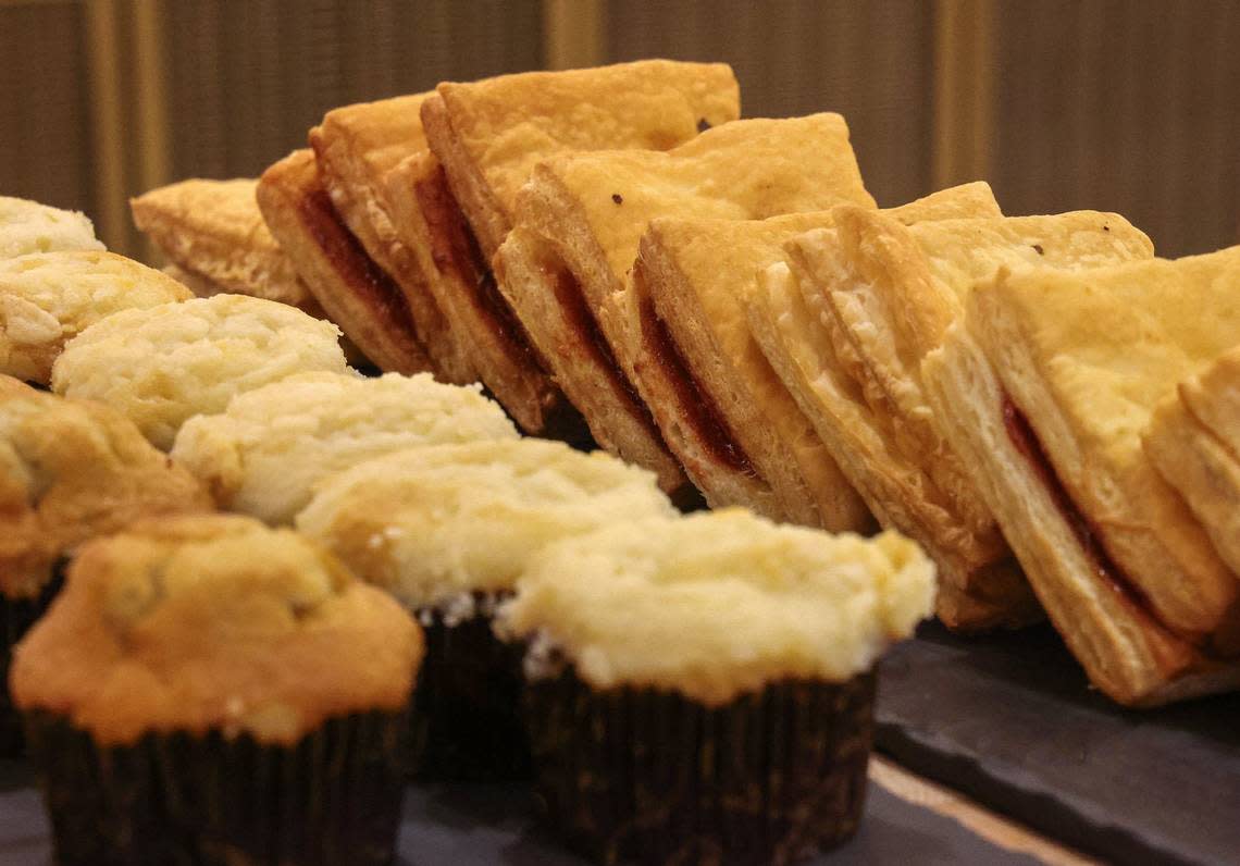 The breakfast buffet features Cuban pastries in the Delta Sky Club at Miami International Airport.