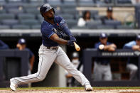 Tampa Bay Rays' Randy Arozarena hits an RBI single during the fifth inning of a baseball game against the New York Yankees on Monday, May 31, 2021, in New York. (AP Photo/Adam Hunger)