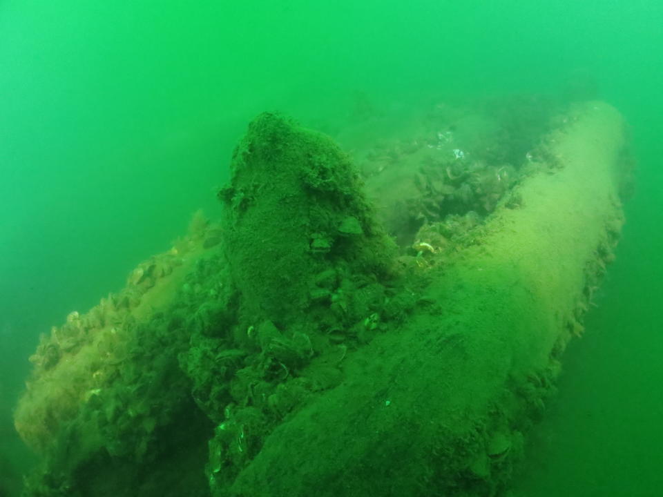 This Tuesday, Sept. 4, 2018, photo provided by Cleveland Underwater Explorers Inc. shows the remains of a shipwreck found in the Ohio waters of Lake Erie. Shipwreck hunters and a marine archaeologists say the wreckage found in 2015 is most likely from a sailing ship that went down nearly two centuries ago. The discovery would make it the oldest ever found in the lake. (David M VanZandt/Cleveland Underwater Explorers Inc. via AP)