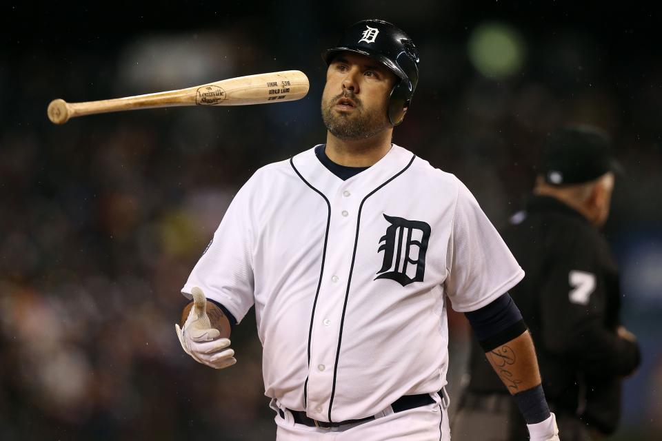 Gerald Laird #9 of the Detroit Tigers reacts after a failed bunt attempt to Brandon Belt #9 the San Francisco Giants against Matt Cain #18 in the fifth inning during Game Four of the Major League Baseball World Series at Comerica Park on October 28, 2012 in Detroit, Michigan. (Photo by Ezra Shaw/Getty Images)